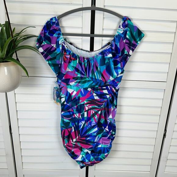 New Swim Solutions Off Shoulder Swimsuit Tropical Multi Slimming Size 14 - Picture 5 of 11